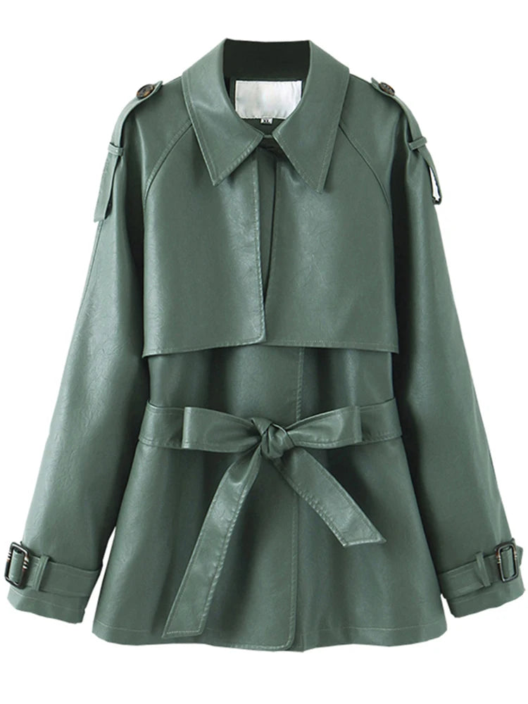 Women'sFaux Leather PU Jacket  –  Green Lapel Belted Coat, Loose Office Lady Outwear
