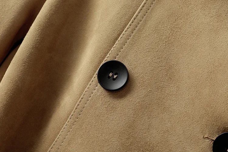 Natural Leather Women's Jacket Autumn Winter Khaki/Black Double Breasted Classic British Style Slim Sheepskin Long Trench Coat
