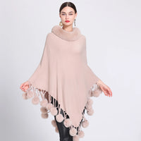 Women's Asymmetric Poncho Scarf with Fur Ball Decoration - HER SHOP