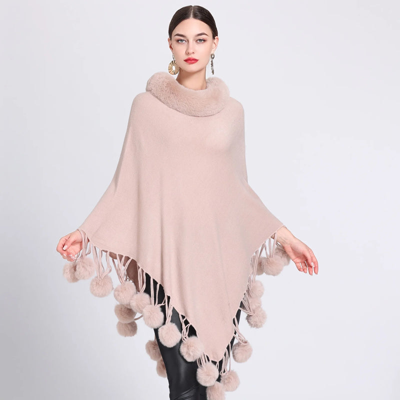 Women's Asymmetric Poncho Scarf with Fur Ball Decoration - HER SHOP