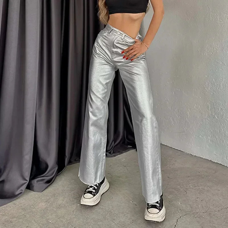 Women's New Fashion Silver High Waist Strap Pants Vintage Pockets Elegant Commuting Casual Loose Fit Women's Shiny Pants Y2K - HER SHOP