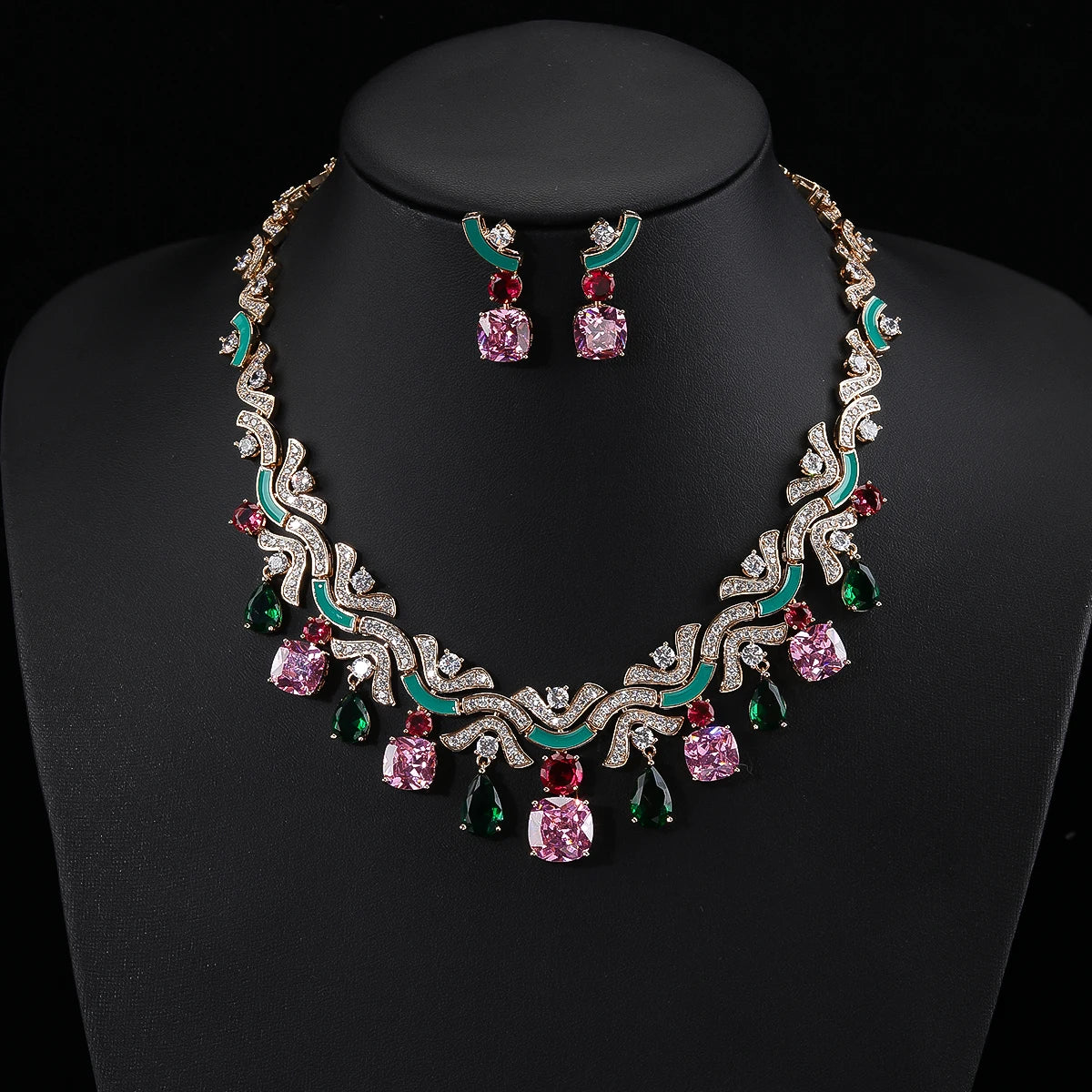 Luxury Cubic Zirconia Jewelry Set White & Green Earrings and Necklace for Women | Bridal Wedding Jewelry Set - HER SHOP