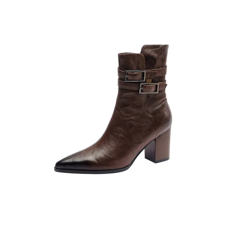 NEW Autumn Women Boots Pointed Toe Chunky Heel Boots Split Leather Shoes for Women Short Modern Boots Winter Belt Buckle Boots