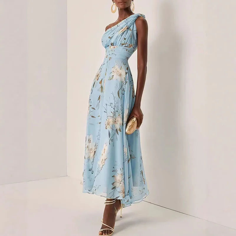 Skew Collar Backless Floral A-Line Summer Dress