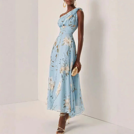 Skew Collar Backless Floral A-Line Summer Dress - As Picture - Size S - HER SHOP