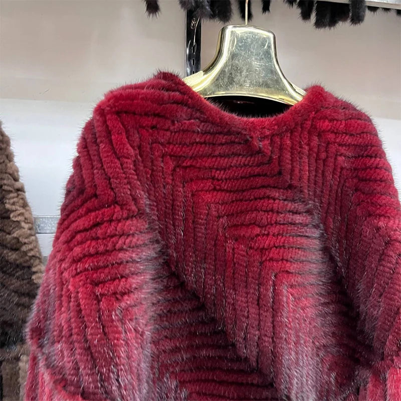 Women’s Real Mink Fur Knitted Cape – Luxury Striped Pullover Fur Coat with Tassel Trim, Warm & Elegant Overcoat