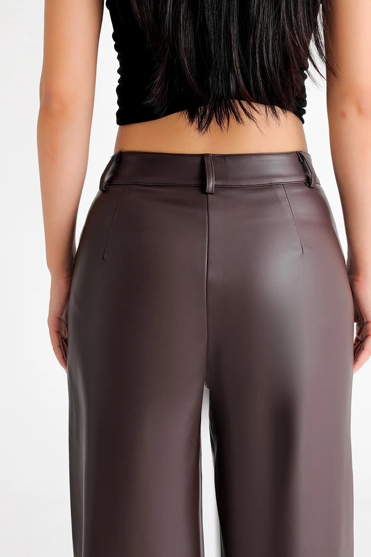 Fall Winter Fleece Loose Wide Leg Warm Leather Pants Women Button Pocket High Waist Thick PU Casual Straight Pants