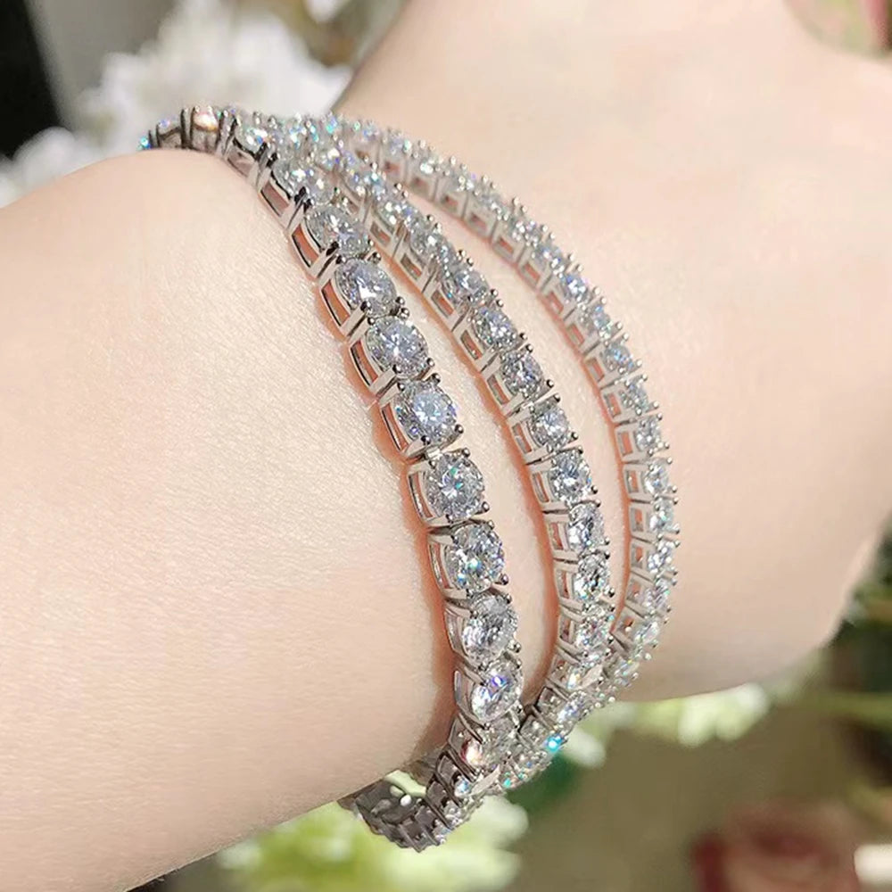 925 Sterling Silver Tennis Bracelet | 3EX Round Cut VVS1 D Moissanite (3mm/4mm/5mm) | 15–20CM Adjustable | Women's Gift Jewelry