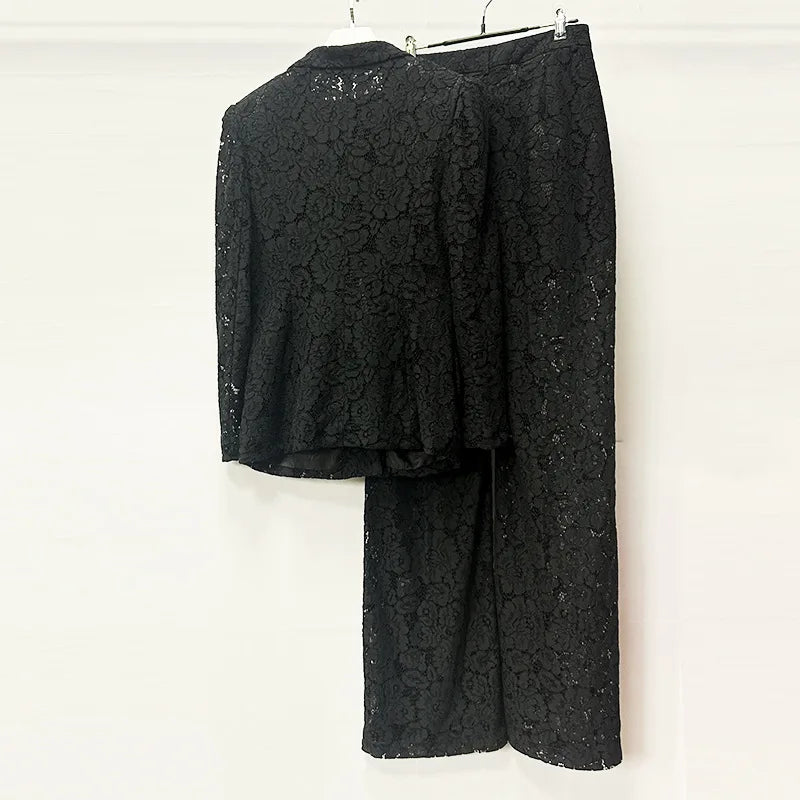 High Quality Lady Office Causal Suit Notched Long Sleeve Single Button Blazer Pencil Pants Women Solid Lace 2pcs - HER SHOP