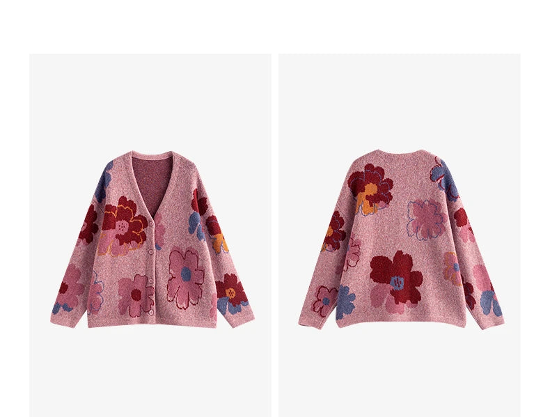 Women’s Floral Jacquard Knit Cardigan Coat – V-Neck Button Front Office-Style Jacket for Spring & Fall