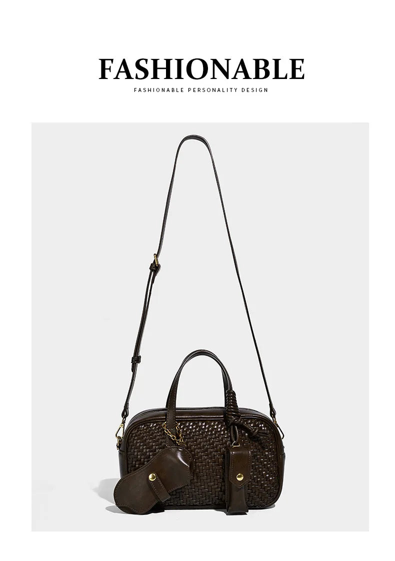 Women's Boston Bag 2025 Fall Winter New Woven Bowling Bag Unique Design Handheld Pack Trendy Light Luxury PU Leather Handbag