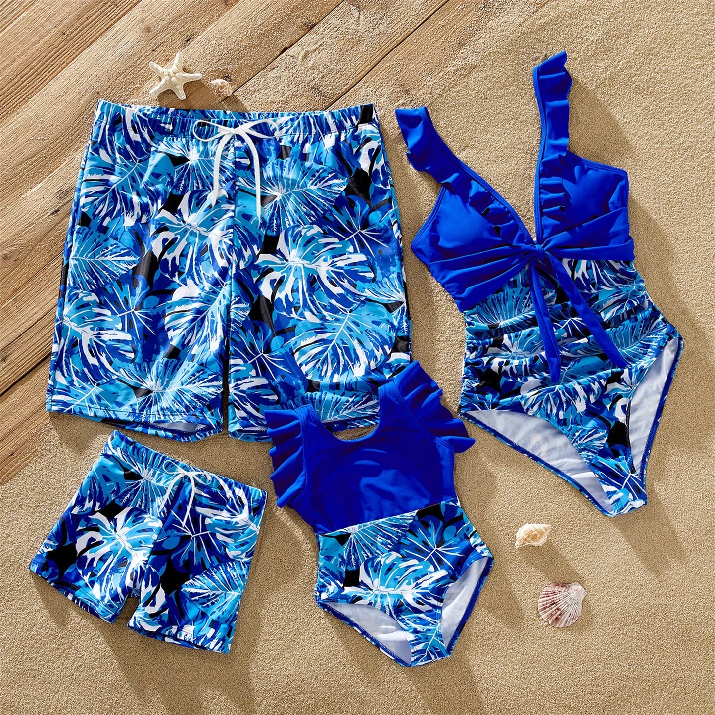Family Matching Swimsuits Plant Print Swim Trunks and Blue Ruffle Trim Spliced One-piece Swimsuit
