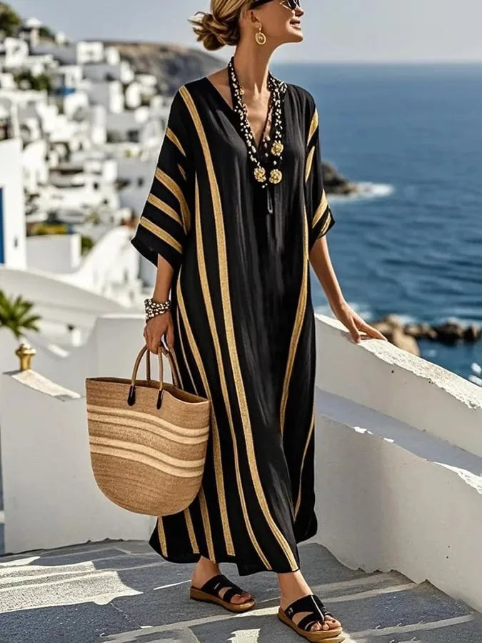 2026 Spring/Autumn Ethnic Print Maxi Dress V-Neck, Striped Contrast, Trumpet Sleeves, Loose Fit Vacation Long Dress for Women