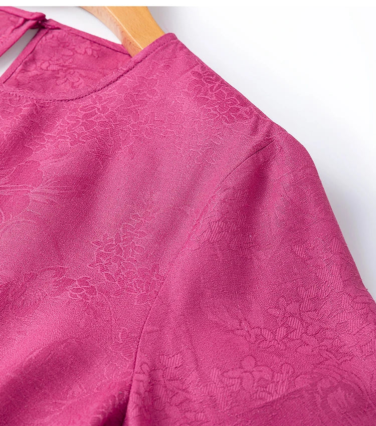 70% Mulberry Silk Cotton Jacquard Blouse – Women’s Hot Pink Long Sleeve Pullover Top