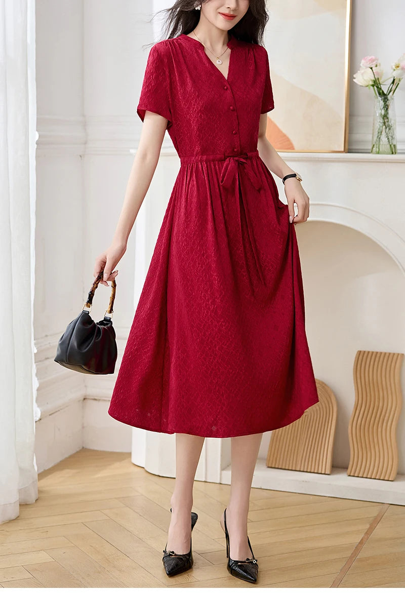 19 Momme Real Silk Elegant Fashion Dresses For Women 2026 Summer V-neck Short Sleeve Drawstring Office Lady Long Dress A-line