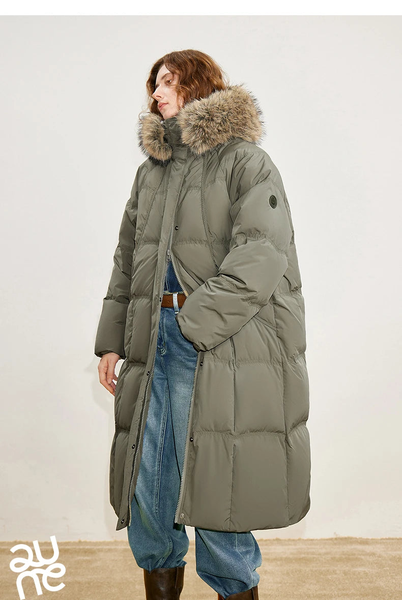 Women 90% White Duck Down Thick Down Jacket 2025 Winter New Fur Collar Hooded Extra Long Warm Jacket Coat