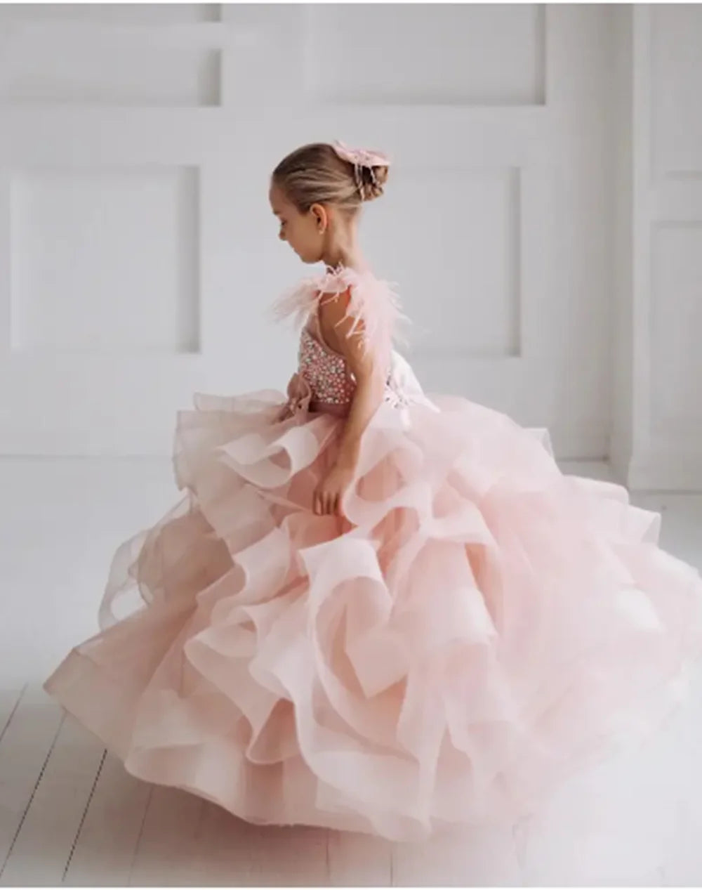 Customized Blush Pink Flower Girl Dress with Layered Feathers, Pearls & Bow – Elegant Kids’ Birthday Party and Wedding Gown - HER SHOP