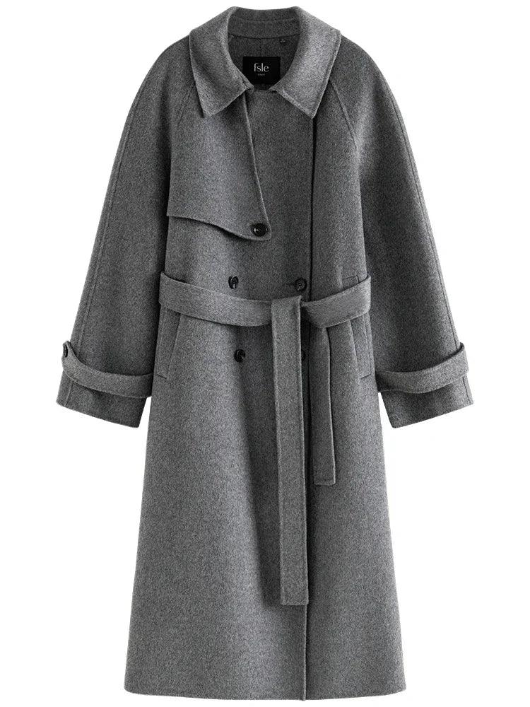 100% Wool Women€™s Long Double-Breasted Coat – Belted, Windbreaker Style with Lapel in Grey and Navy Blue