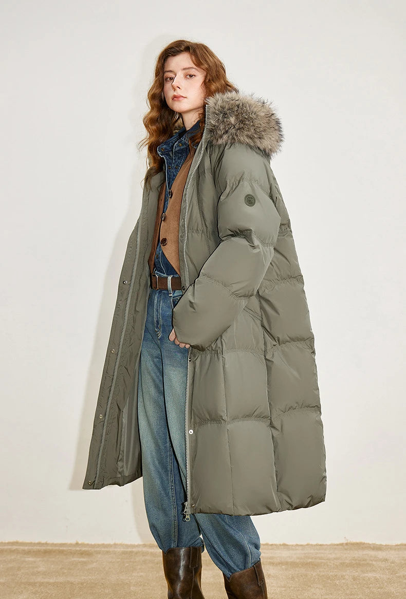 Women 90% White Duck Down Thick Down Jacket 2025 Winter New Fur Collar Hooded Extra Long Warm Jacket Coat - HER SHOP