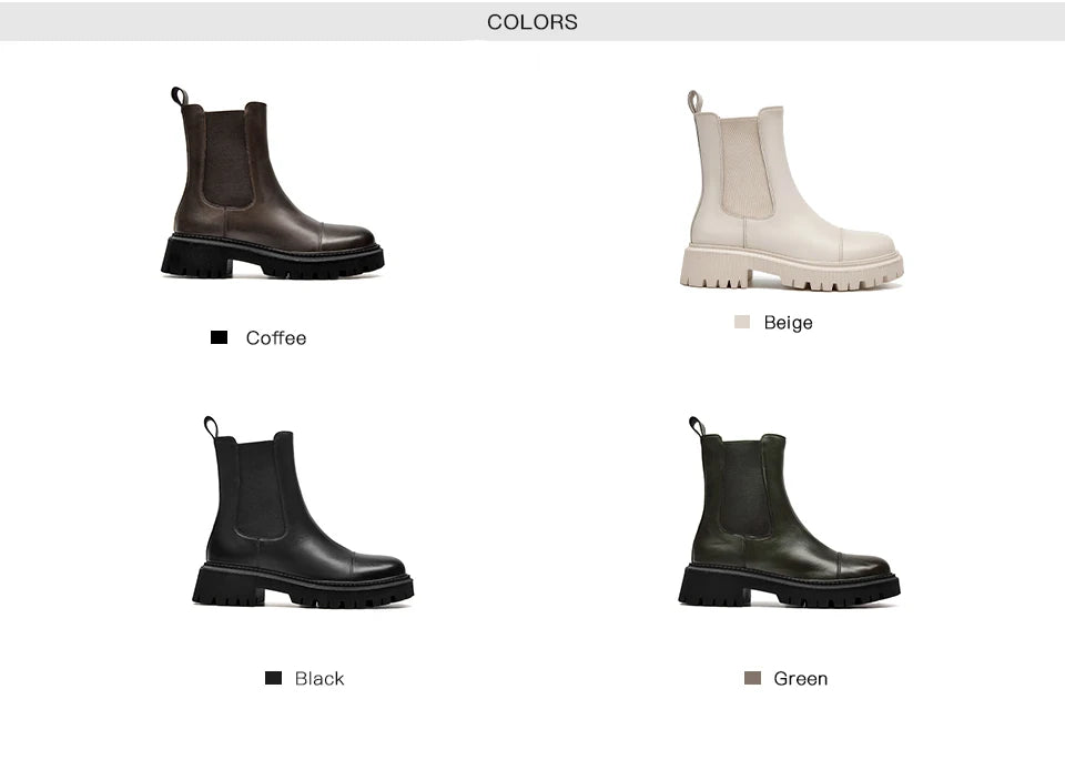 Women’s Genuine Cow Leather Ankle Boots – White Round Toe Platform Boots with Stitching Design