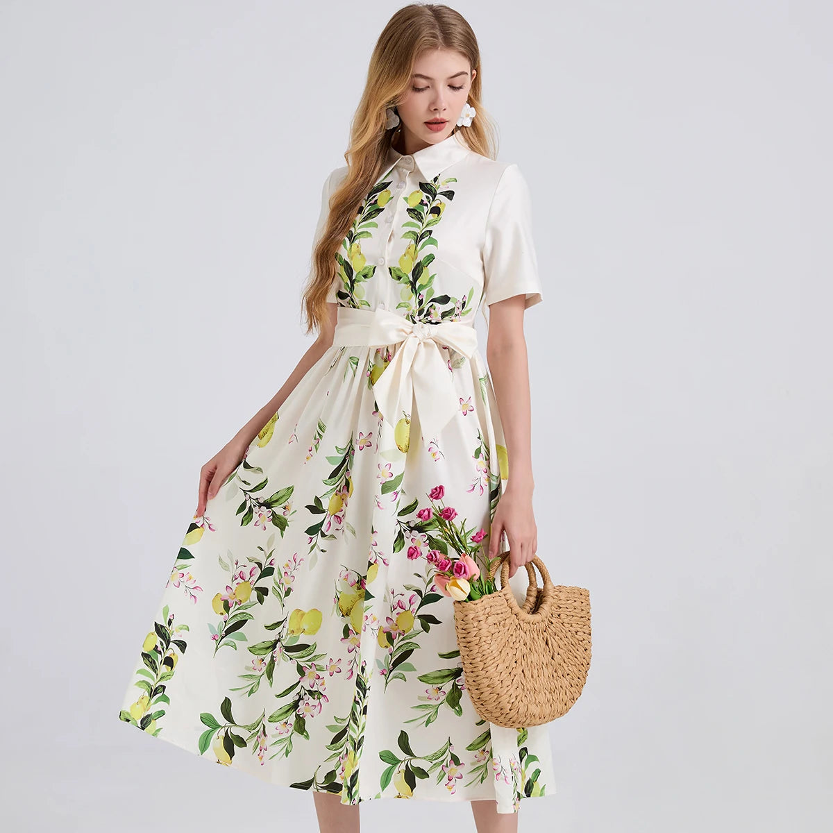 2025 Brand Designer Pear Tree Print Long Shirt Dress – Summer Holiday Midi Dress for Women
