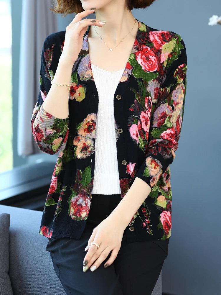 Women's Floral Print Cardigan - Casual Long Sleeve Knitwear, Single-Breasted, High Quality for Autumn