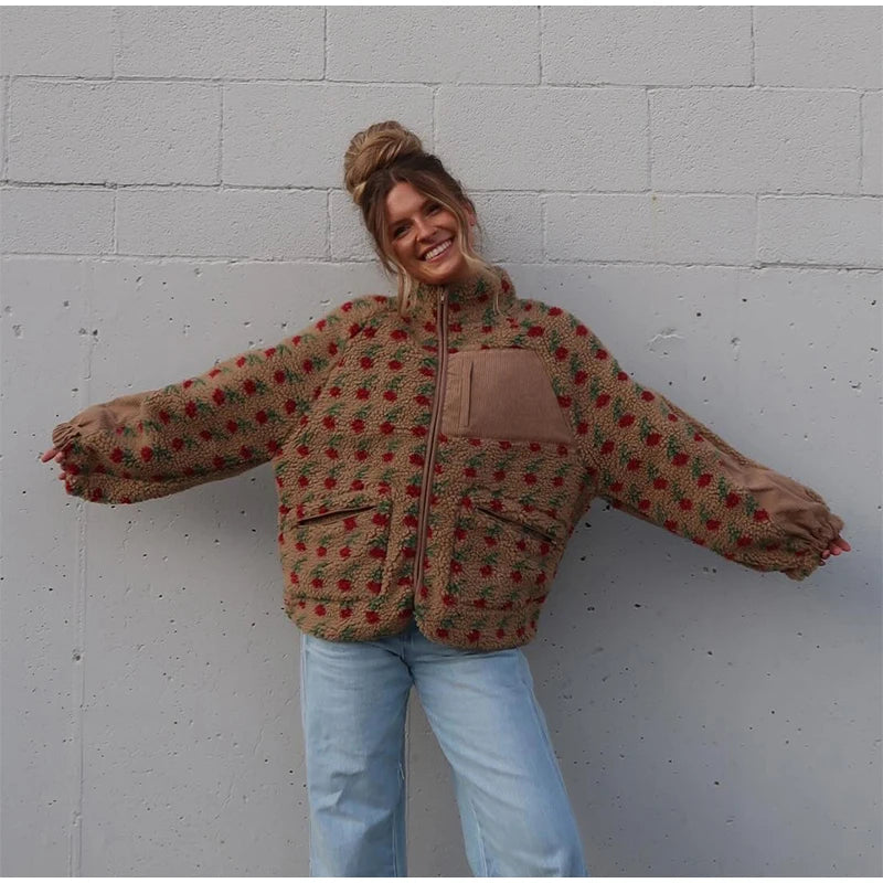 Retro Printed Plush Zipper Short Jacket Women Casual Loose High Neck Pocket Jackets Coat Lady 2025 Versatile Chic Street Outwear