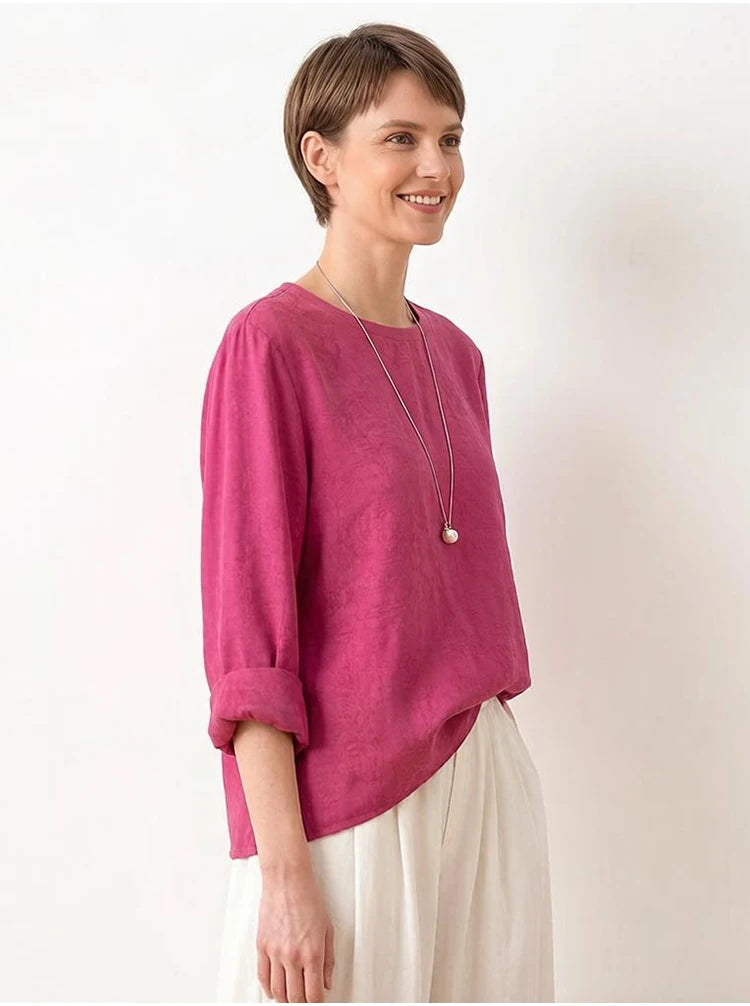 70% Mulberry Silk Cotton Jacquard Blouse – Women’s Hot Pink Long Sleeve Pullover Top