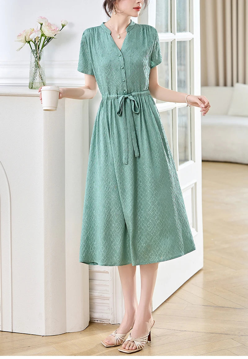 19 Momme Real Silk Elegant Fashion Dresses For Women 2026 Summer V-neck Short Sleeve Drawstring Office Lady Long Dress A-line