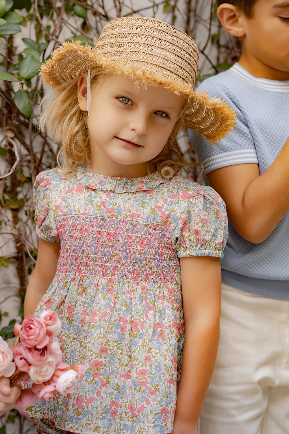 Chelsea Bloom Collection – Floral Smocked Baby Girl Overalls Set with Embroidery, Family Matching Outfit