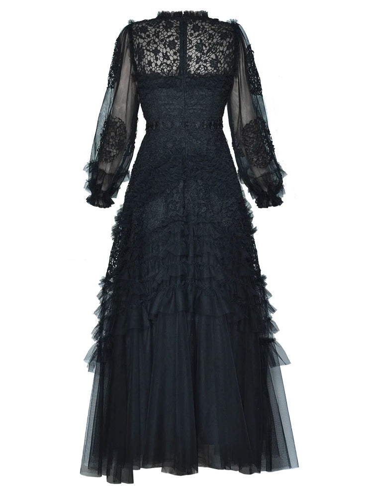 Women’s 2026 Spring Runway Lantern Sleeve Mesh Maxi Dress with Lace Flower Stitching and Ruffled Hem