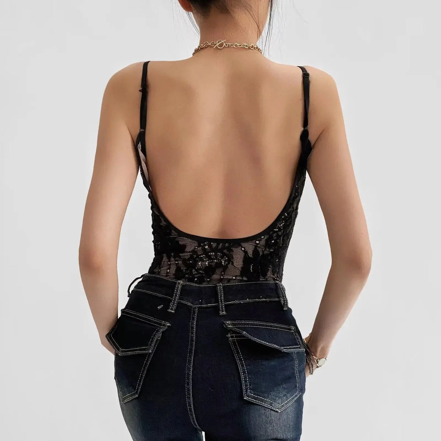 Sexy Sheer Lace Backless Spaghetti Strap Bodysuit with Lining – Slim Fit Tight Short Romper for Women