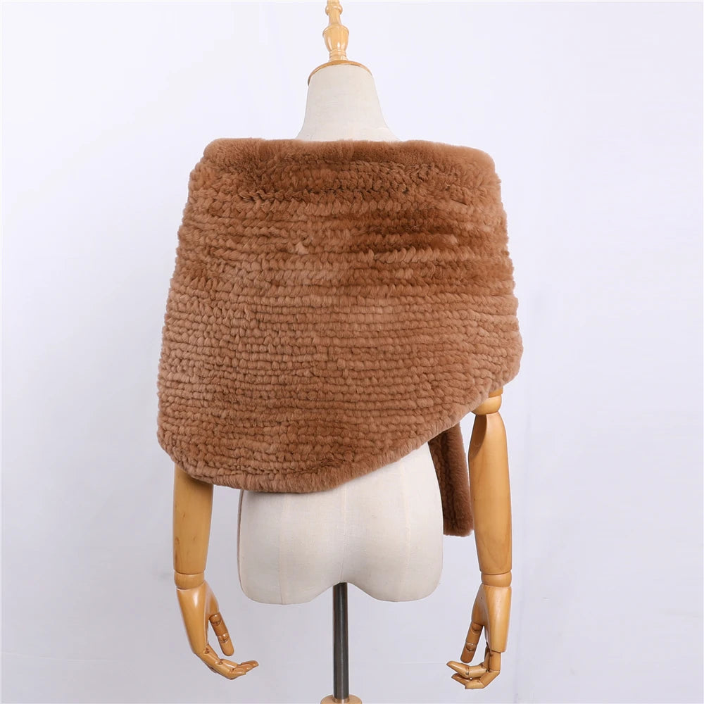 Luxury Hand Knitted Women’s Winter Rex Rabbit Fur Cape Shawl