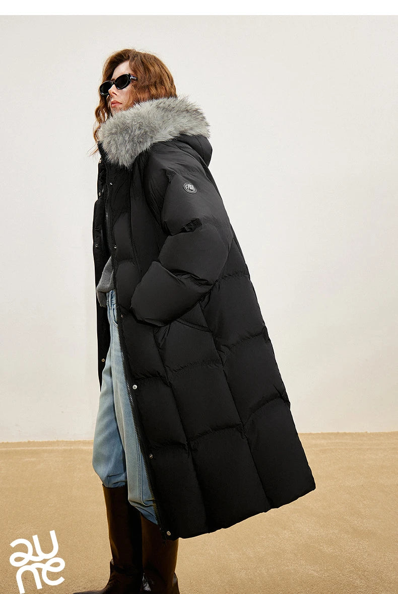 Women 90% White Duck Down Thick Down Jacket 2025 Winter New Fur Collar Hooded Extra Long Warm Jacket Coat
