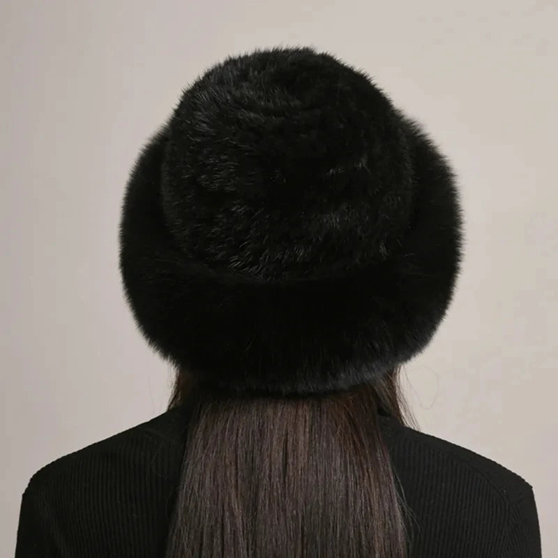 Luxury Knitted Mink Fur Hat with Real Fox Fur – Handmade Winter Fashion for Women