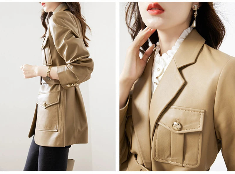 Women’s Genuine Sheepskin Leather Coat – Retro Belted Mid-Length Jacket with Gold Buckle, Suit Collar & Cargo Pockets