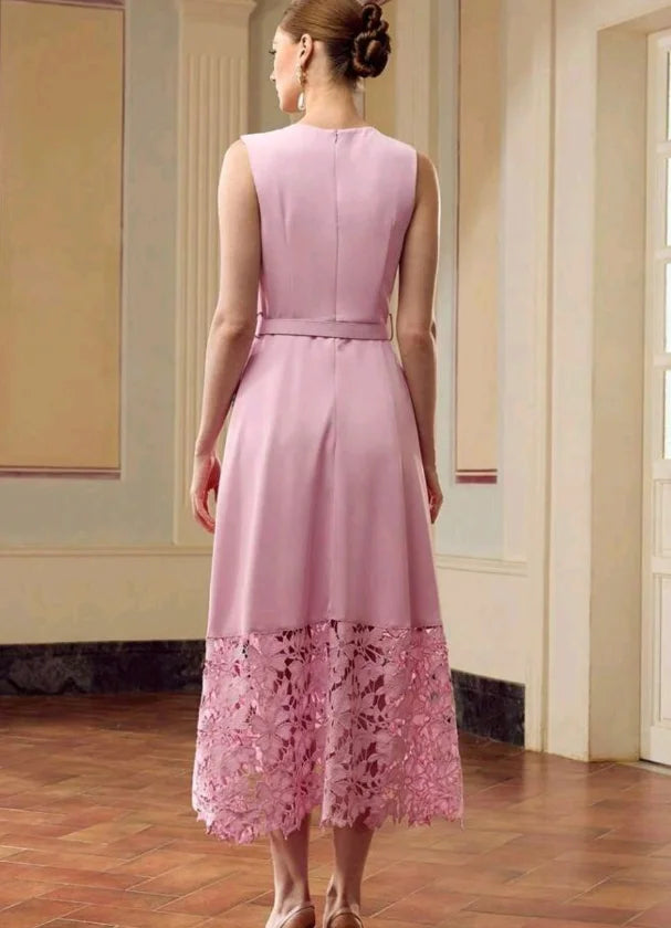 Customized Vintage Pink Lace Tea-Length Dress – Elegant O-Neck Sleeveless Satin Formal Party Dress with Belt