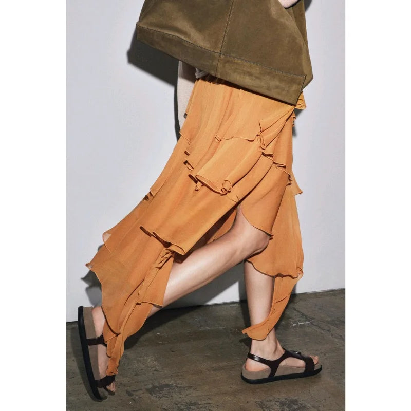 New Autumn Women's Simple Midi Skirt— Asymmetrical Layered Cake Design, Casual Loose Fit, Polyester Fiber