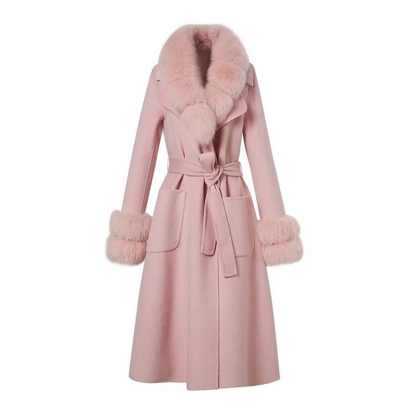 Women's Luxury Long Wool Coat with Detachable Fox Fur Collar – Winter & Autumn Trench Outerwear