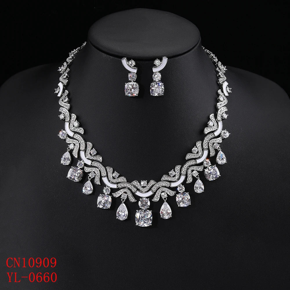 Luxury Cubic Zirconia Jewelry Set White & Green Earrings and Necklace for Women | Bridal Wedding Jewelry Set