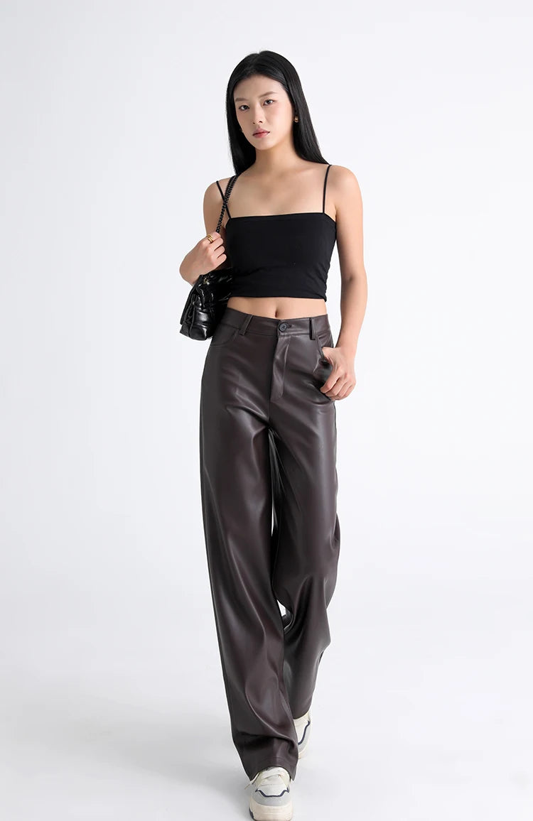 Fall Winter Fleece Loose Wide Leg Warm Leather Pants Women Button Pocket High Waist Thick PU Casual Straight Pants