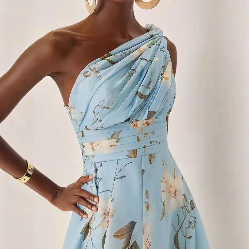 Skew Collar Backless Floral A-Line Summer Dress