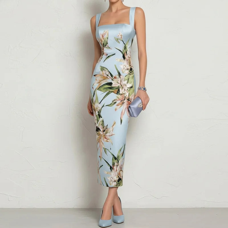 Square Collar Backless Printed A-Line Summer Dress