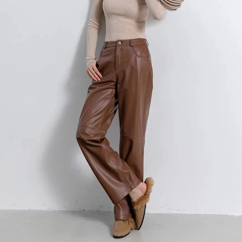 Leather Long Pants Women New Commuter Waist Slim Sheepskin Wide Leg Full Length Straight Cylinder Trousers