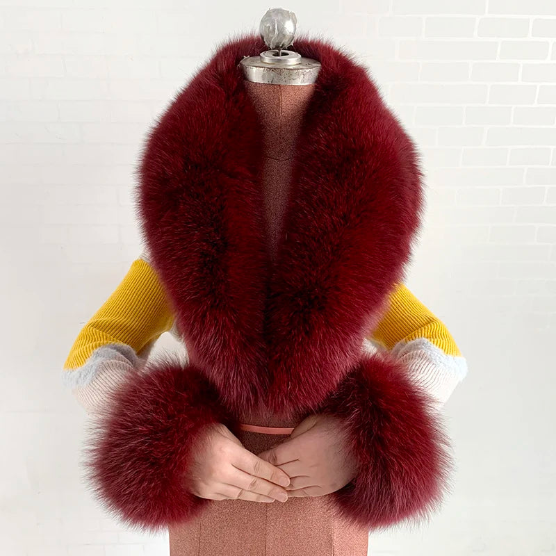 Luxury 100% Natural Fox Fur Scarf & Cuff Set for Women – Authentic Winter Fox Fur Collar, Ultra-Warm Neck Warmer