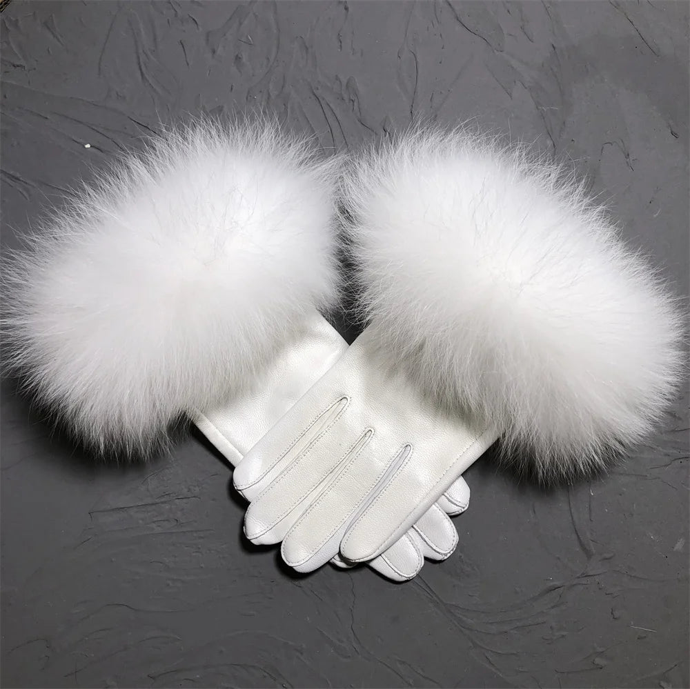 Luxury Fox Fur & Genuine Sheepskin Leather Gloves for Women – Winter Warm Driving Mittens with Real Fur Cuffs
