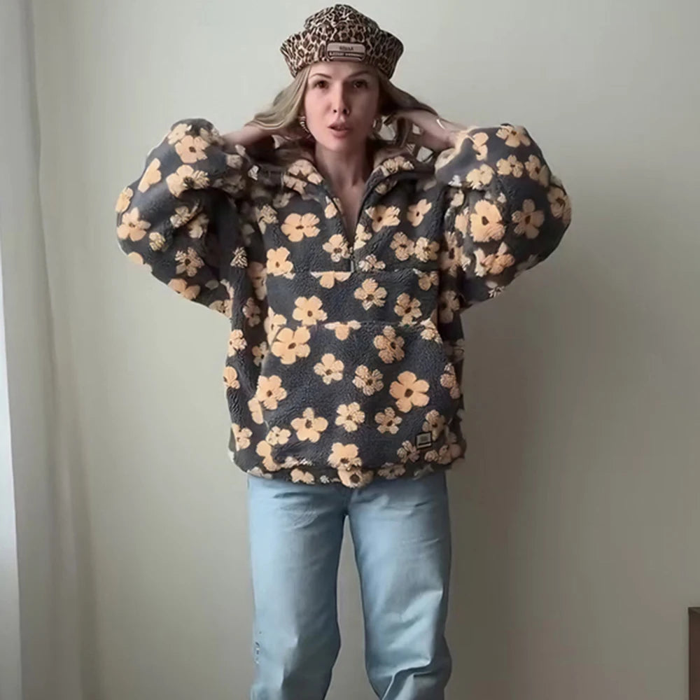 Fashion Print Contrast Pullover Oversized Zipper Knit Long-Sleeve Top  –  Casual, Warm Vintage Sweatshirt for Women, Perfect for Office Wear