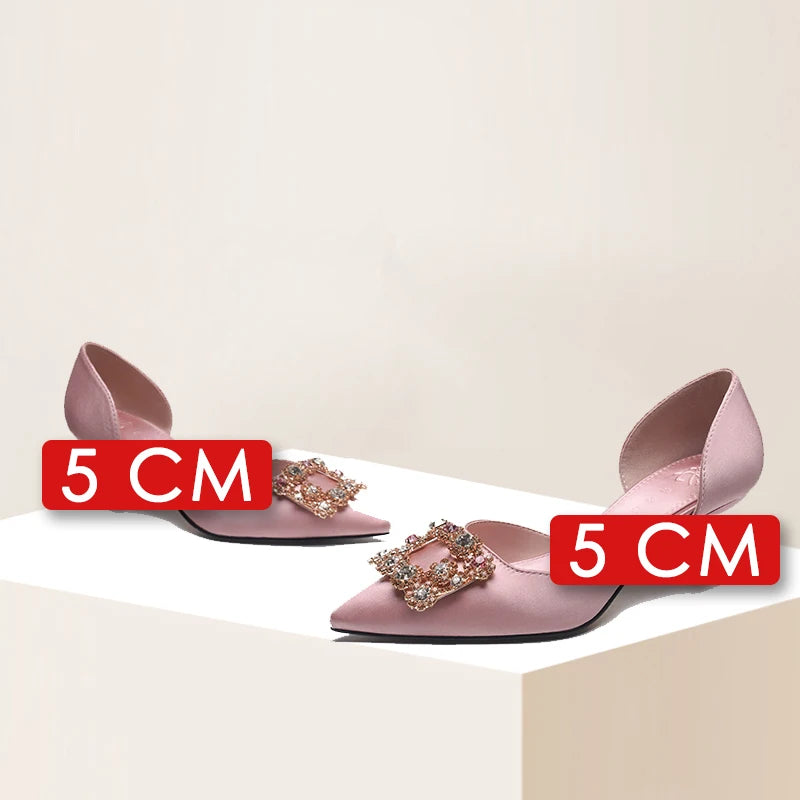 Women Spring Autumn Sweet Style Satin 5cm Medium High Heels Pointed Toe Slip-on Daily Wear Shoes