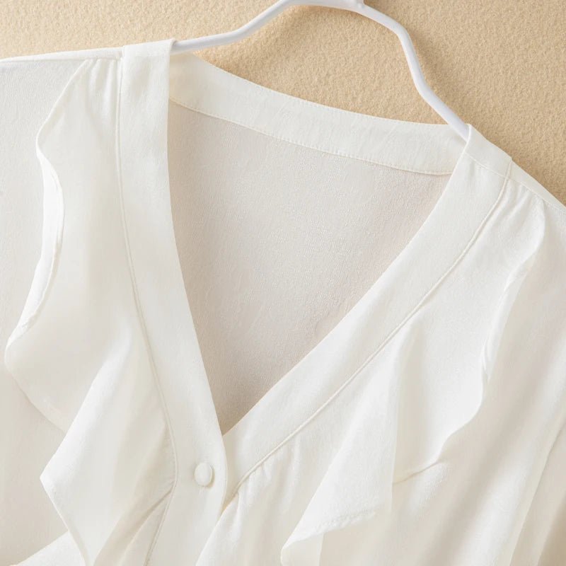 93% Mulberry Silk Ruffle V-Neck Button-Down Blouse – Women’s Long Sleeve Office Shirt