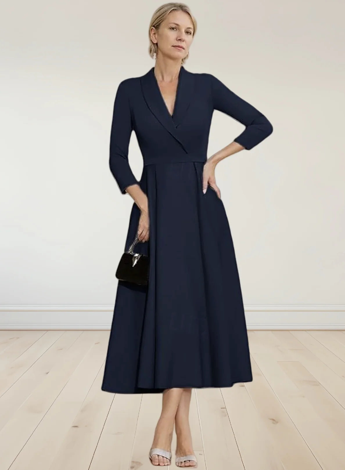 Elegant A-Line Satin Mother of the Bride Dress – Tea Length with 3/4 Dark Navy / Custom size / CHINA